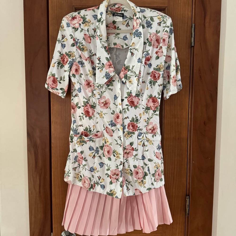 Vintage Jenny 2 Piece Pleated Skirt Set Women's 12 Pink Floral USA Shoulder Pads